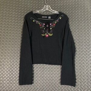 Jamie Scott Black Flower Embroidered‎ Long Sleeve Shirt Women's Size Large